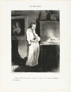 Una mujer humanista de letras abandonándose a las reflexiones filosóficas cerebrales sobre el tema del hombre!, lámina 15 de Les Bas-Bleus de Honoré Victorin Daumier