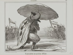 Un paraguas en posición difícil, lámina 119 de Actualités de Honoré Victorin Daumier