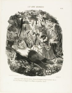 A 30°C, afortunado aquel que puede escaparse y dormitar en el bosque de Saint-Germain acompañado de su mujer y unas cuantas lagartijas, plato 27 de Les Bons Bourgeois de Honoré Victorin Daumier