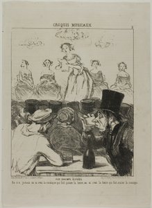 En los Campos Elíseos. Nunca ha quedado muy claro si es la música la que hace bajar la cerveza, o la cerveza la que hace tragar la música, plato 3 de Croquis Musicaux de Honoré Victorin Daumier