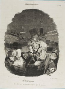 En el espectáculo de fuegos artificiales. Un padre es un caballo de tiro, proporcionado por la naturaleza, lámina 33 de Moeurs Conjugales y lámina 14 en Actualités de Honoré Victorin Daumier