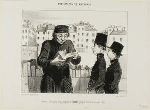 Jóvenes estudiantes de instituto limpios, incluso intentan vender su diccionario de latín, plancha 24 de Professeurs et Moutards (Profesores y bribones) de Honoré Victorin Daumier