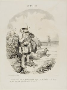 "¡Maldito país! Sólo disparo a gorriones.... y sólo a hembras... y este ingenioso guardia insistió en que el lugar está lleno de conejos", placa 5 de La Chasse. de Honoré Victorin Daumier