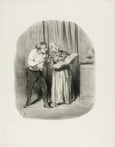 Desventaja de casarse con una mujer con un supuesto talento artístico, lámina 77 de Les Bons Bourgeois de Honoré Victorin Daumier