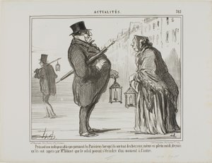 Desde que el Sr. Babinet anunció que el sol podría desaparecer de un momento a otro, los parisinos toman todas las precauciones necesarias, incluso al mediodía, placa 385 de Actualités de Honoré Victorin Daumier