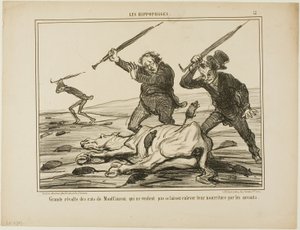 Gran revuelta de las ratas de Montfaucon que no quieren que los científicos les quiten el pienso, lámina 12 de Les Hippophages de Honoré Victorin Daumier