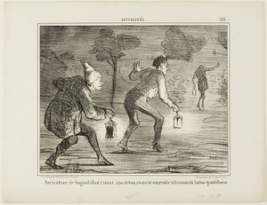 Horticultores de Nanterre caminando de puntillas a medianoche hacia el cactus grandiflorus para sorprenderlo en su floración, lámina 323 de Actualités de Honoré Victorin Daumier