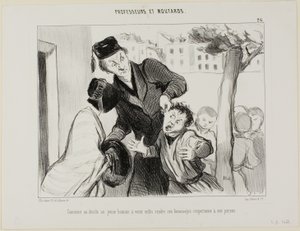 Cómo convencer a un joven para que aprenda por fin a mostrar respeto a sus padres, lámina 26 de Professeurs et Moutards (Profesores y bribones) de Honoré Victorin Daumier