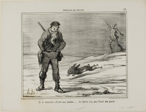 Si el cazador tiene las manos frías... la liebre no tiene los pies fríos, lámina 22 de Émotions De Chasse de Honoré Victorin Daumier