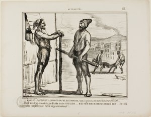 Nápoles. - La Comisión de Bastonadas durante su delicado trabajo. "- Costó convencer a éste de que gritara: "¡VIVA EL REY!"... pero al fin llegamos al fondo... y ahora está completamente a favor del Gobierno...", placa 213 de Actu de Honoré Victorin Daumier
