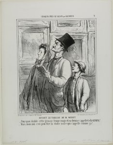 Mirando el cuadro de Manet. "- ¿Por qué diablos se llama Olimpia esta mujer gorda y pelirroja en camisón - Pero querida, tal vez sea el nombre del gato negro", lámina 9 de Croquis Pris Au Salon par Daumier. de Honoré Victorin Daumier