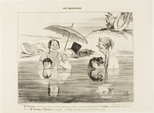 Madame Greluche: "¡Oh, Gustave, qué bien! ¡Un verdadero calor relajante! Mira a nuestro hijo Loulou; ¡qué carita más mona pone!". Sr. Greluche: "Y Pyramus, tiene miedo, miedo como un perro. Si supieras lo que está haciendo ahora mismo, el pequeño granuja", de Honoré Victorin Daumier