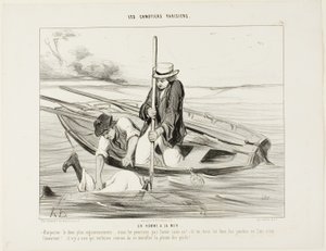 ¡Hombre al agua! "- ¡Arponémoslo más firmemente!.... ¡no podemos cogerlo de otra manera! Y tú, mantén sus piernas en el aire, eso es muy importante.... No hay nada en el mundo que te haga coger un resfriado más rápido que mojarte los pies", plato 14 de Les