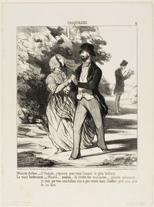Monsieur Arthur: "- ¡Oh Pamela! Ardo de amor por ti!" El marido herbolario: "- Una malva... de la familia de las Malváceas... un sedante... No creo que mi amigo Arthur tenga este espécimen en el herbario que me pidió que construyera para él," plato 2 fro de Honoré Victorin Daumier