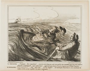 Sr. Prudhomme: "- Olas odiosas.... ¿no sabes a quién llevas en este momento... oh audaz... que sepas que, como Jerjes, te azotaré terriblemente". Mme Prudhomme: (temblando de miedo) "- Por favor, mi querido amigo, no ofendas más al mar... tú de Honoré Victorin Daumier