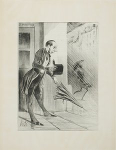 Nuevo paraguas patentado, con un sistema de muelles perfeccionado, para abrirse rápidamente al menor toque (remítase a nuestro anuncio al respecto), placa 33 de Émotions Parisiennes de Honoré Victorin Daumier