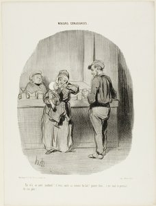 "¡Un borrachín normal!... ¡se lo traga como si fuera leche! Pobrecito... ¡es igual que su padre!", lámina 42 de Moeurs Conjugales. de Honoré Victorin Daumier