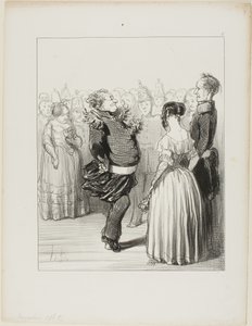 Rifolard abre el balón y ejecuta un audaz paso de baile hacia delante, que recibe elogios generalizados, placa 5 de Les Banqueteurs de Honoré Victorin Daumier