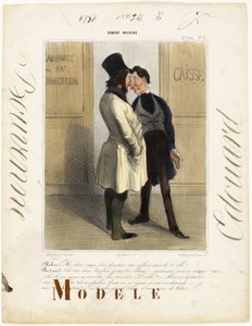 Robert: "- ¡Vaya, vaya! Mi querido director... ¿cómo va el negocio" Bertrand: "- Bien, muy bien, estoy bastante contento. Por desgracia, ¡no tenemos ni un céntimo para continuar! - ¡Oh, caramba! - Pero un inversor aún nos debe 200.000 francos... y vendrá a de Honoré Victorin Daumier
