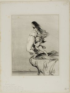 La muerte de Safo. "Jovencitas, ya veis adónde nos lleva el amor Bajo nuestros pies tan delicados y pequeños El abismo miserable de un abismo En el que al final caemos", lámina 49 de Histoire Ancienne. de Honoré Victorin Daumier