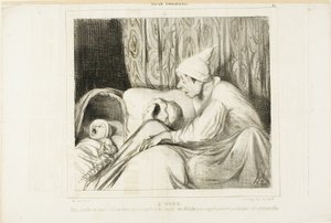 Sentido del oído. "- ¡Despierta Nini!.... Hace más de una hora que la llamo y siempre responde: sí Adolphe. Pero ni la niña ni yo nos llamamos Adolphe", lámina 41 de Types Parisiens. de Honoré Victorin Daumier