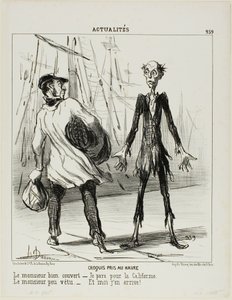 Bocetos de Le Havre. El caballero bien vestido: "- Me voy a California". El caballero mal vestido: "- De allí vengo", plancha 239 de Actualités de Honoré Victorin Daumier