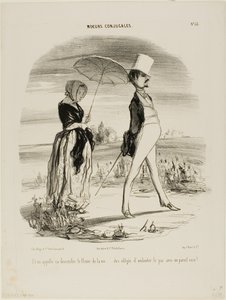 "Así que esto es lo que se llama seguir la corriente de la vida..... ser obligado a marchar al paso de un tonto!", placa 52 de Moeurs Conjugales de Honoré Victorin Daumier