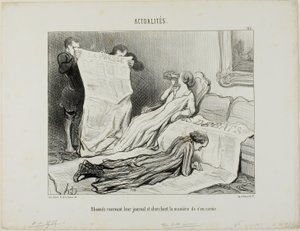 Suscriptores Tyring to Cope with Their Paper, plancha 115 de Actualités de Honoré Victorin Daumier