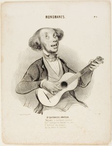 El guitarrista aficionado. Desafiando los bostezos de todos, Mientras canta su verso insignificante, Cantaría una canción de salón, Sobre las ruinas del universo...", lámina 4 de Monomanes. de Honoré Victorin Daumier