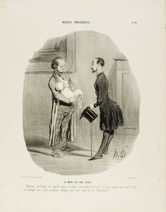 El marido de la Bluestocking. "Monsieur, mi mujer está inspirada desde esta mañana: es imposible verla. Como puede ver, tengo que dedicar toda mi atención al fruto de nuestra más reciente colaboración", lámina 46 de Moeurs Conjugales. de Honoré Victorin Daumier