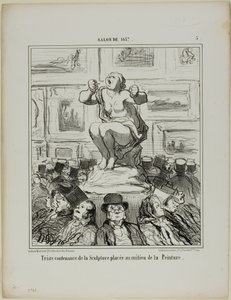 El disgusto de una escultura colocada en medio de una exposición de cuadros, lámina 5 del Salon De 1857 de Honoré Victorin Daumier