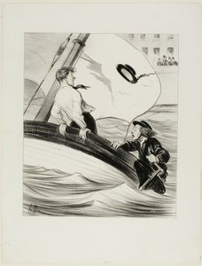 La ráfaga de viento. "- ¡Oh ráfaga! ¡He perdido mi sombrero! - No te preocupes.... como es de agua.... ¡no tendrás problema en recuperarlo en Rouen!", lámina 17 de Les Canotiers Parisiens. de Honoré Victorin Daumier