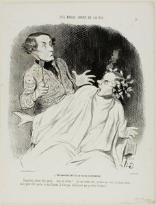 La inconveniencia de tener el pelo rizado. "Oh blast.... mira aquí, cuidado... me estás quemando.... He quedado con alguien y quiero que me hagas quedar bien....... pero para declarar mi ardiente pasión no necesito oler a chamusquina", plato 3 de Honoré Victorin Daumier