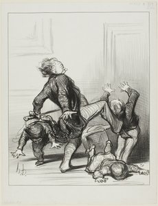 La influencia del Congreso de la Paz. "Oh sinvergüenzas, estáis peleando de nuevo... todavía no sabéis que el hombre debe vivir en paz y ser dueño de sí mismo", lámina 8 de Actualités. de Honoré Victorin Daumier
