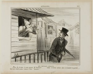 Los nuevos blocaos. "- Ya no hay que pagar alquileres, Monsieur Vautour... y ya no tememos al conserje..... en nuestros chalés todos somos suizos", plancha 332 de Actualités de Honoré Victorin Daumier