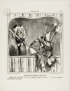 El nuevo bufón napolitano. "- Polichinela, Polichinela, ya has atizado bastante a los demás... ahora te toca a ti. Te haremos entrar en razón...", plato 221 de Actualités de Honoré Victorin Daumier
