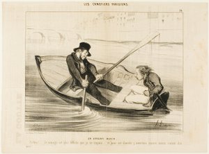 El marinero novato. "Diablo... ¡remar es mucho más difícil de lo que pensaba! Y para disfrutar de verdad prefiero pegarme guisantes", lámina 19 de Les Canotiers Parisiens. de Honoré Victorin Daumier