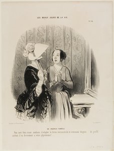 El sombrero Pamela. "Tiene usted toda la razón, Madame, al adoptar esta forma encantadora de sombrero nuevo......, sobre todo de perfil, porque combina maravillosamente con su fisonomía.....", plato 76 de Les Beaux Jours De La Vie. de Honoré Victorin Daumier