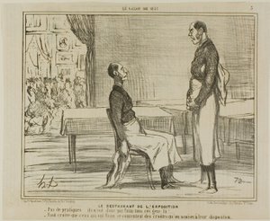 El Restaurante de la Exposición. "- Ningún cliente en absoluto... ¿no tiene hambre esta gente - Supongo que los hambrientos están comiendo los bocadillos que les ofrecieron", plato 3 de Le Salon De 1857 de Honoré Victorin Daumier