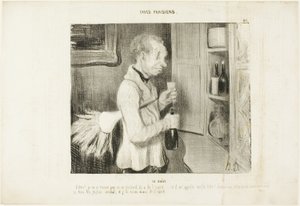 El Gusto. "¡Vaya! Ya no me sorprende por qué este tipo está tan animado... ¡y me llama vieja bestia! Déjame tomar uno de estos cada mañana, y yo también estaré lleno de espíritu", plato 40 de Types Parisiens de Honoré Victorin Daumier