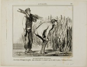 Las preocupaciones de un viticultor. "- Nos hemos librado de las heladas..... ahora sólo tenemos que preocuparnos del sol, la lluvia, el mildiu y todo lo demás...", lámina 397 de Actualités de Honoré Victorin Daumier