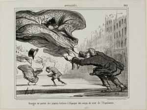 El peligro de llevar faldas con aros durante una repentina tormenta de primavera, lámina 26 de La Crinolomanie de Honoré Victorin Daumier