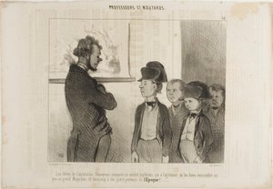 Los alumnos del Instituto Pascareau prueban su nuevo uniforme escolar que les hace parecerse un poco al gran Napoleón y mucho a los pequeños repartidores de periódicos, lámina 25 de Professeurs Et Moutards de Honoré Victorin Daumier