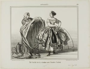 La utilidad del miriñaque para engañar a la aduana, lámina 414 de Actualités de Honoré Victorin Daumier