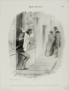 "¡Ahí va mi mujer! ¡Oh, la desgraciada, mientras me afeito me está haciendo un cornudo!," lámina 22 de Moeurs Conjugales de Honoré Victorin Daumier