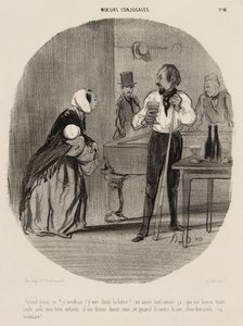 "¡Vagabundo! ¡Me gustaría verte ahogarte en tu cerveza! Me deja sola con mis tres hijos, me da doce sueldos y cuando vuelve por la noche me pide el cambio", lámina 48 de Moeurs Conjugales. de Honoré Victorin Daumier