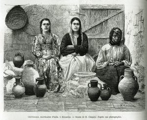 Cristianos, vendedores de aceite en Jerusalén. Grabado por H.Chapuis, para ilustrar La Siria de hoy, por M.Lortet, decano de la Facultad de Medicina de Lyon, encargado de una misión científica por el Ministerio de Educación Pública, publicado en Le tour du de Honore (after) Chapuis