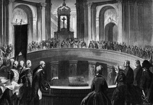 Aniversario de la muerte de Napoleón I, 5 de mayo de 1863: misa conmemorativa celebrada en los Inválidos, en París, en presencia de antiguos soldados del ejército napoleónico. Grabado en 