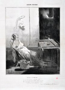 Obra de Honoré Daumier (1808-1879) Charivari data de 1842: Serie HISTORIE ANCIE Les Nuits de Penelope De su esposo ausente el adorable perfil, Siempre a sus dulces ojos brillaba como una estrella Pero para tramar tres años y su astucia y su tela Il