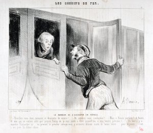 Obra de Honoré Daumier (1808-1879). Charivari data de 1843: Serie LES RAILWAYS El peligro de quedarse dormido en un viaje - ¡Despierta señor y bájate del coche! - ¿A dónde vamos? - ¡Pero a Rouen, parbleu! - ¡En Rouen y yo que solo quería ir a Poiss de Honoré Daumier